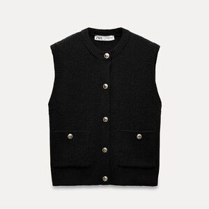 Zara Navy Smooth Knit Vest with Gold Buttons